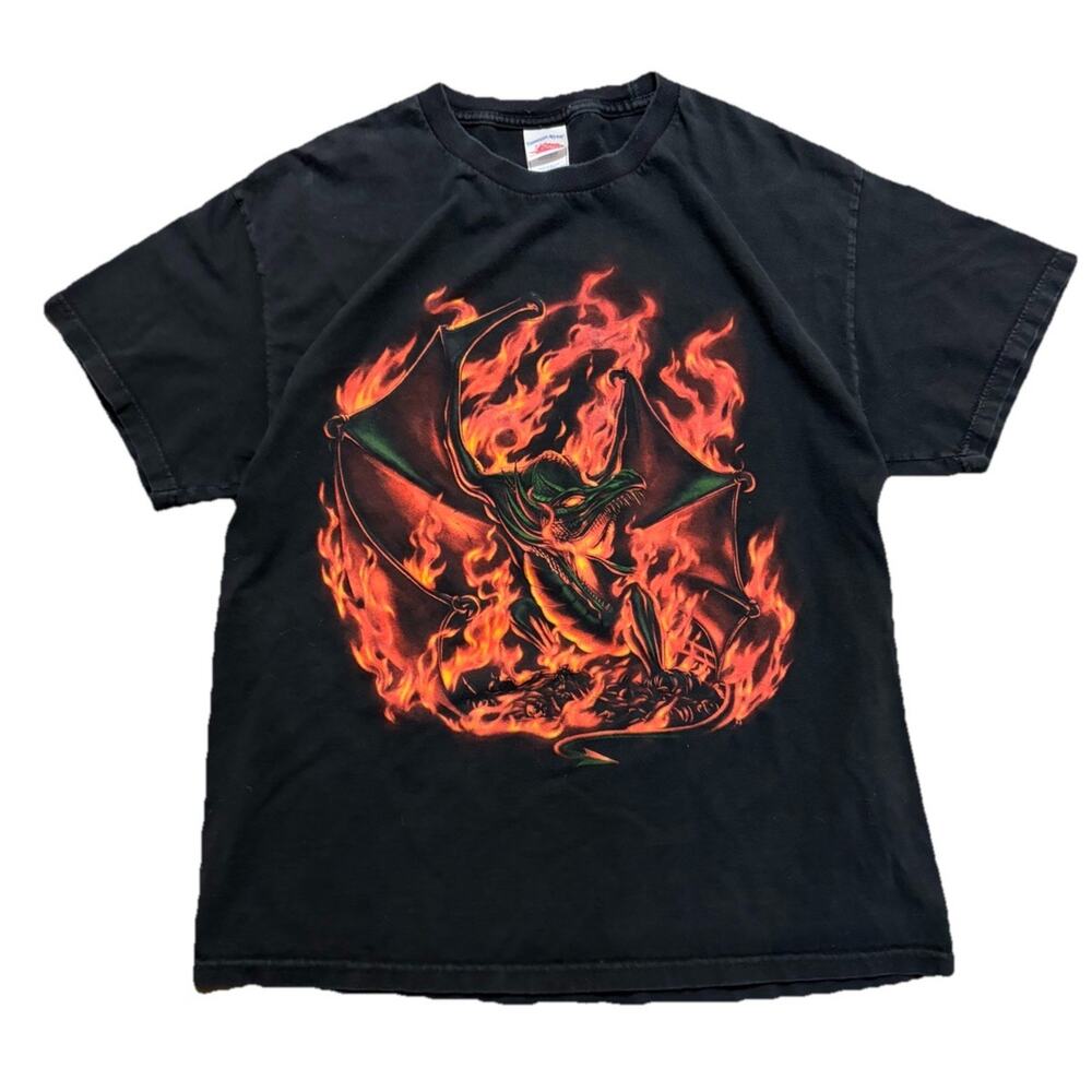 Y2K Vintage Graphic T-Shirt Flames & Dragon Grunge Skater Design, Large